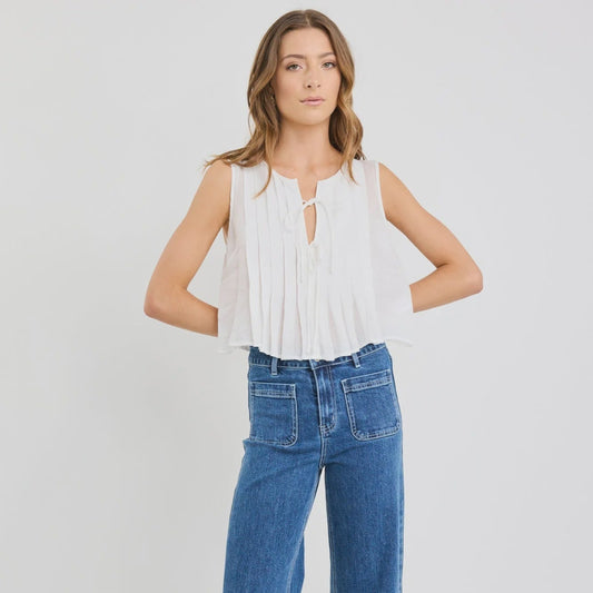 Origami Ivory Linen Pleated Sleeveless Tie Top