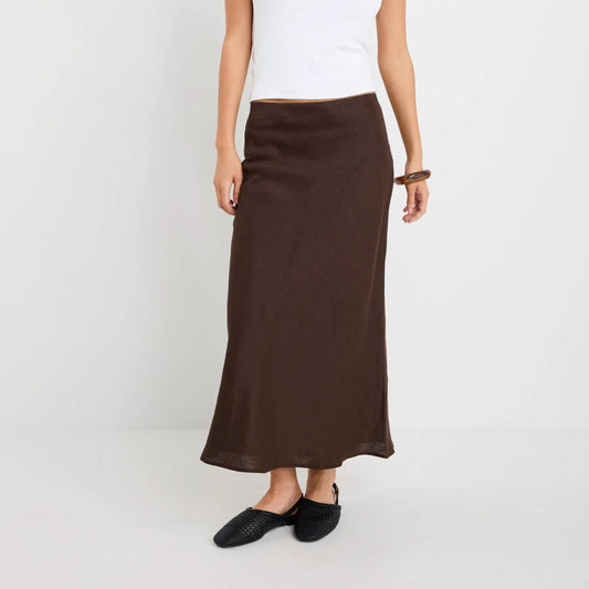 Bliss Dark Chocolate Linen Bias Midi Skirt