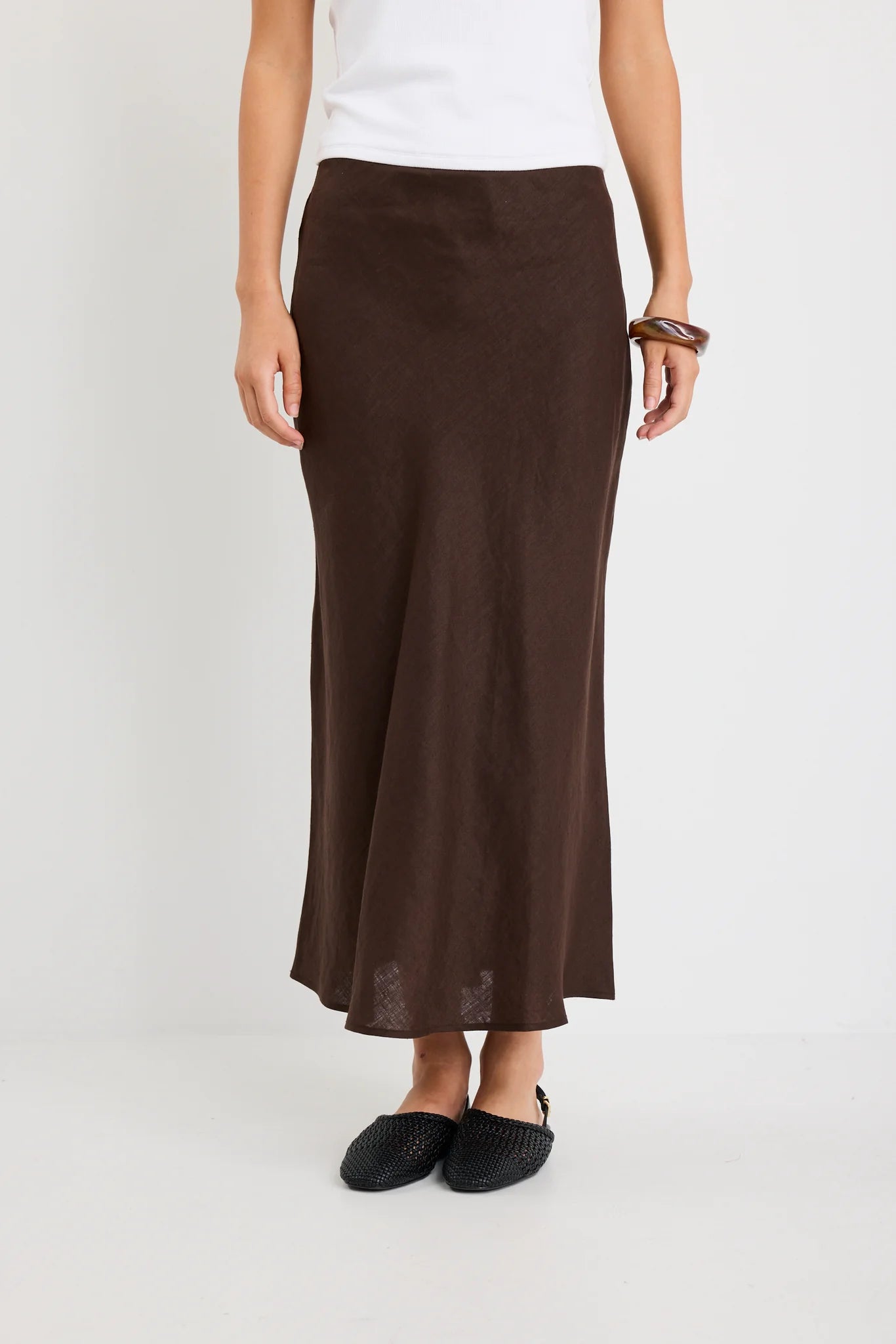 Bliss Dark Chocolate Linen Bias Midi Skirt