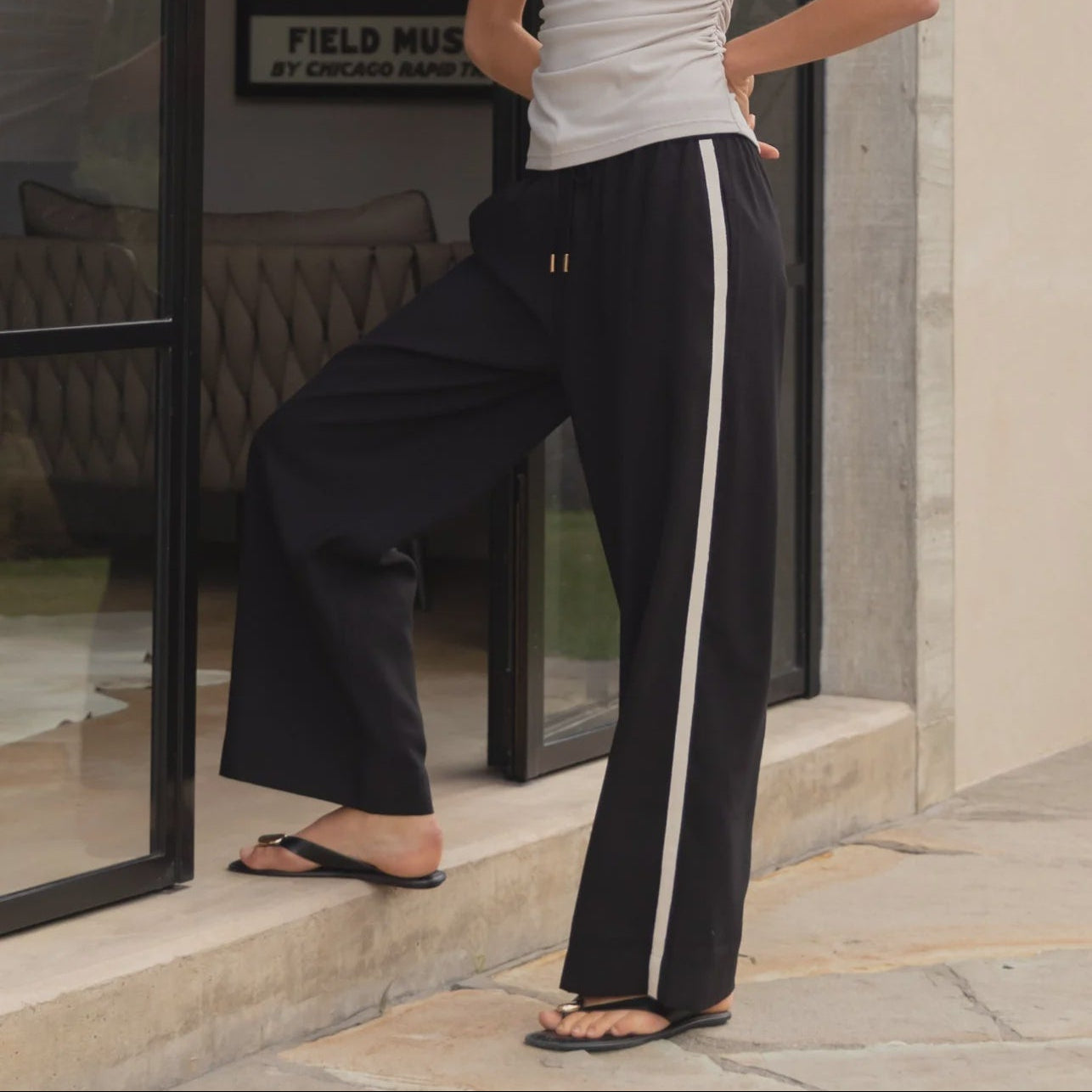 Townie Black Matte Stripe Side Tape Wide Leg Pants