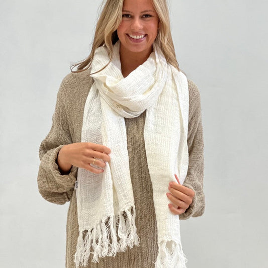 Audrey Mesh Scarf with Fringe - White