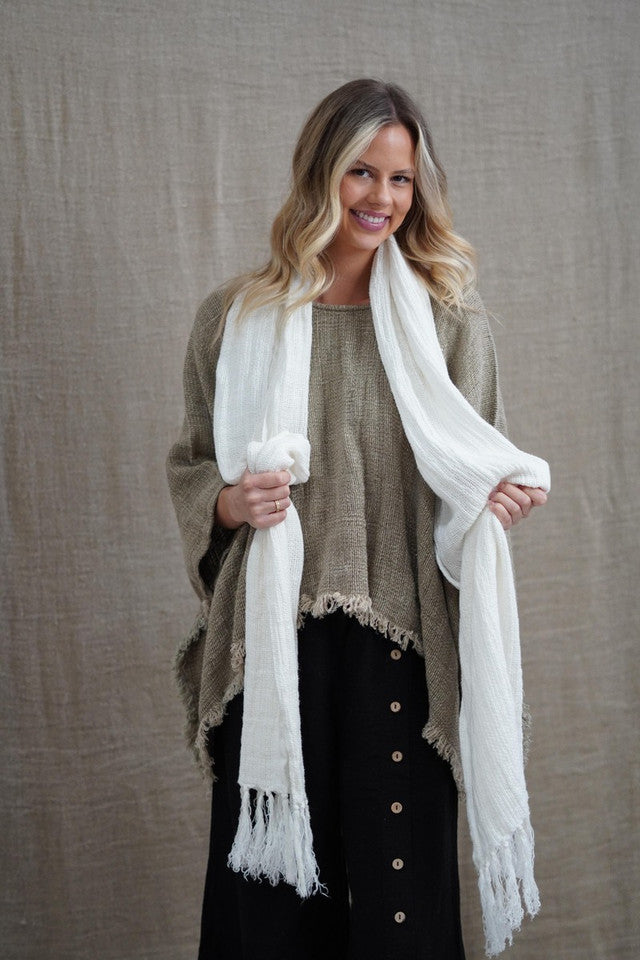 Audrey Mesh Scarf with Fringe - White