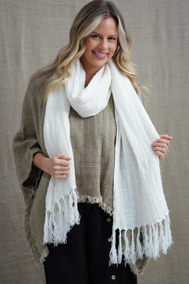 Audrey Mesh Scarf with Fringe - White
