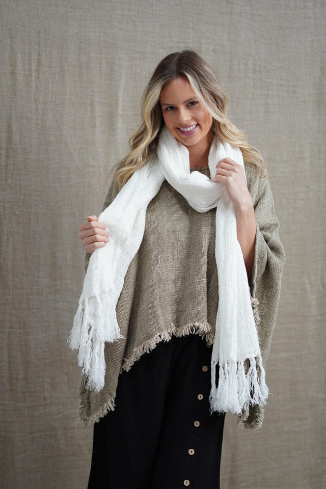 Audrey Mesh Scarf with Fringe - White