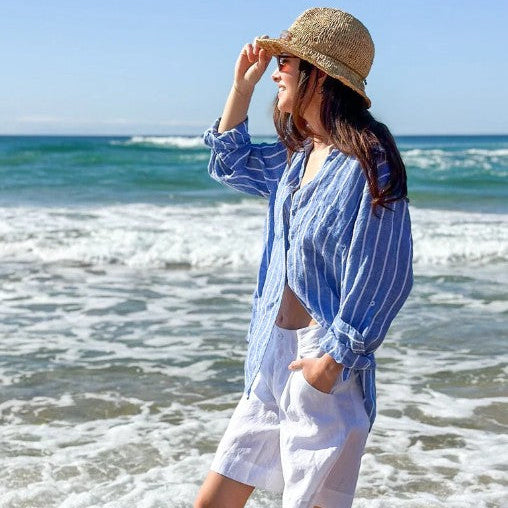 The Boyfriend Linen Shirt - Marine Stripe