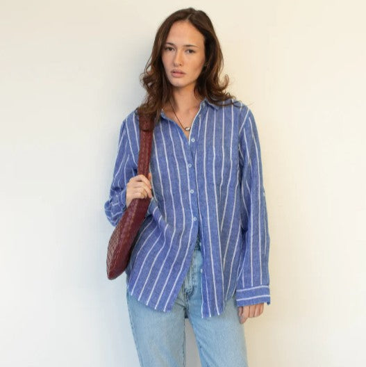 The Boyfriend Linen Shirt - Marine Stripe