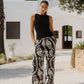 Clever Black Ivory Leaf Drawcord Wide Leg Pants