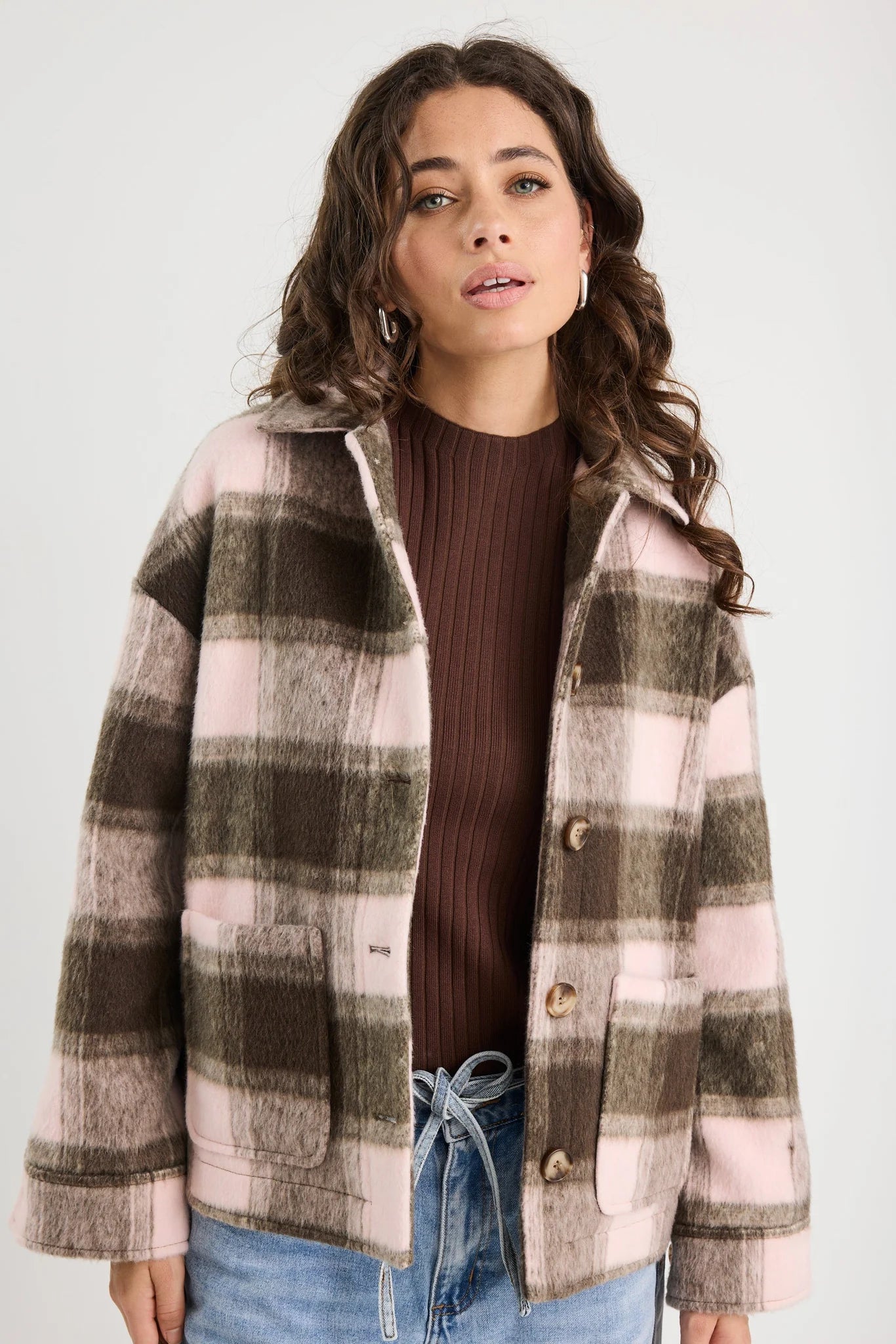 Solace Chocolate/Pink Check Oversized Shacket