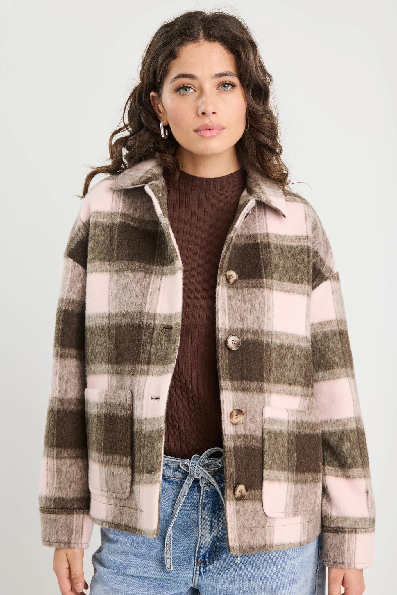 Solace Chocolate/Pink Check Oversized Shacket