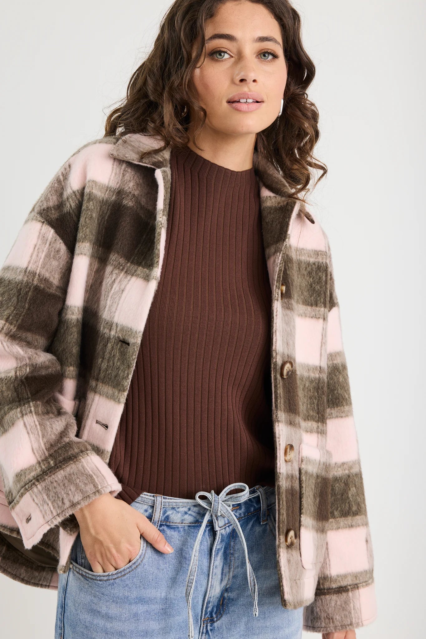 Solace Chocolate/Pink Check Oversized Shacket