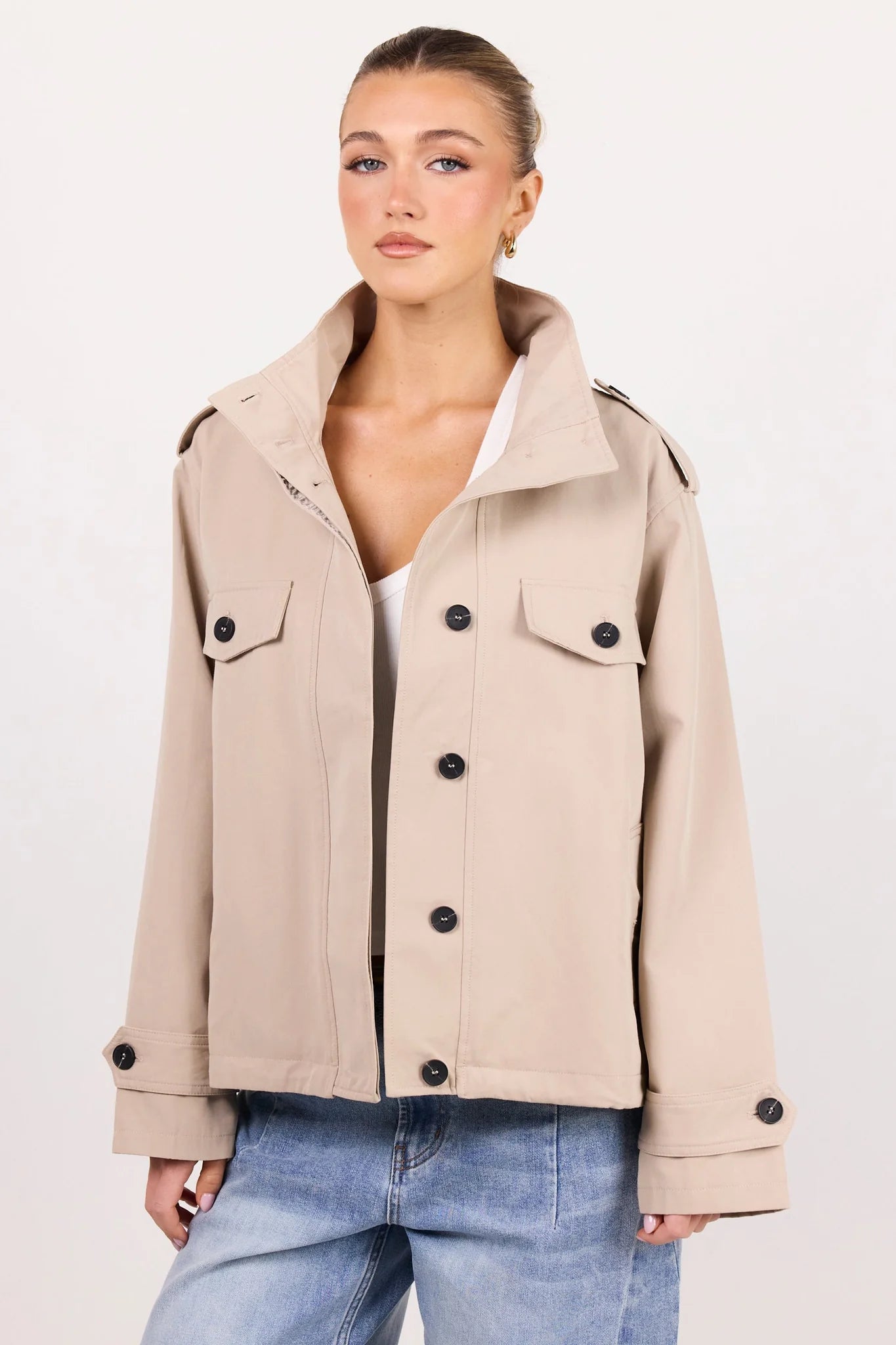 Squad Taupe Funnel Neck Trench Jacket