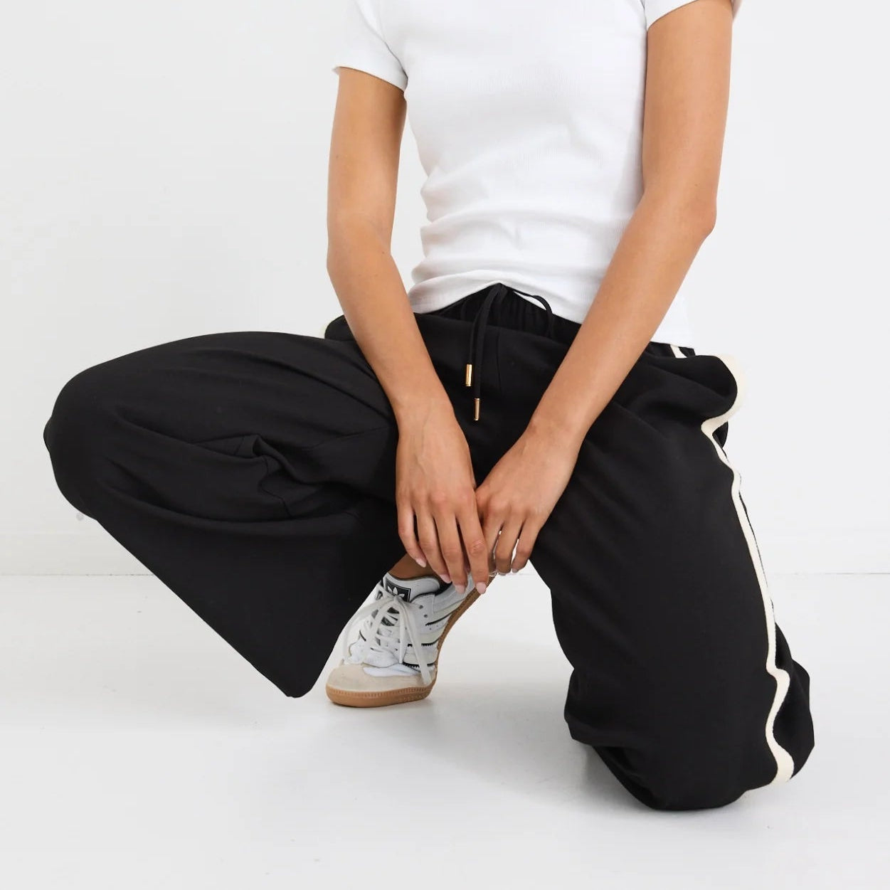 Townie Black Matte Stripe Side Tape Wide Leg Pants