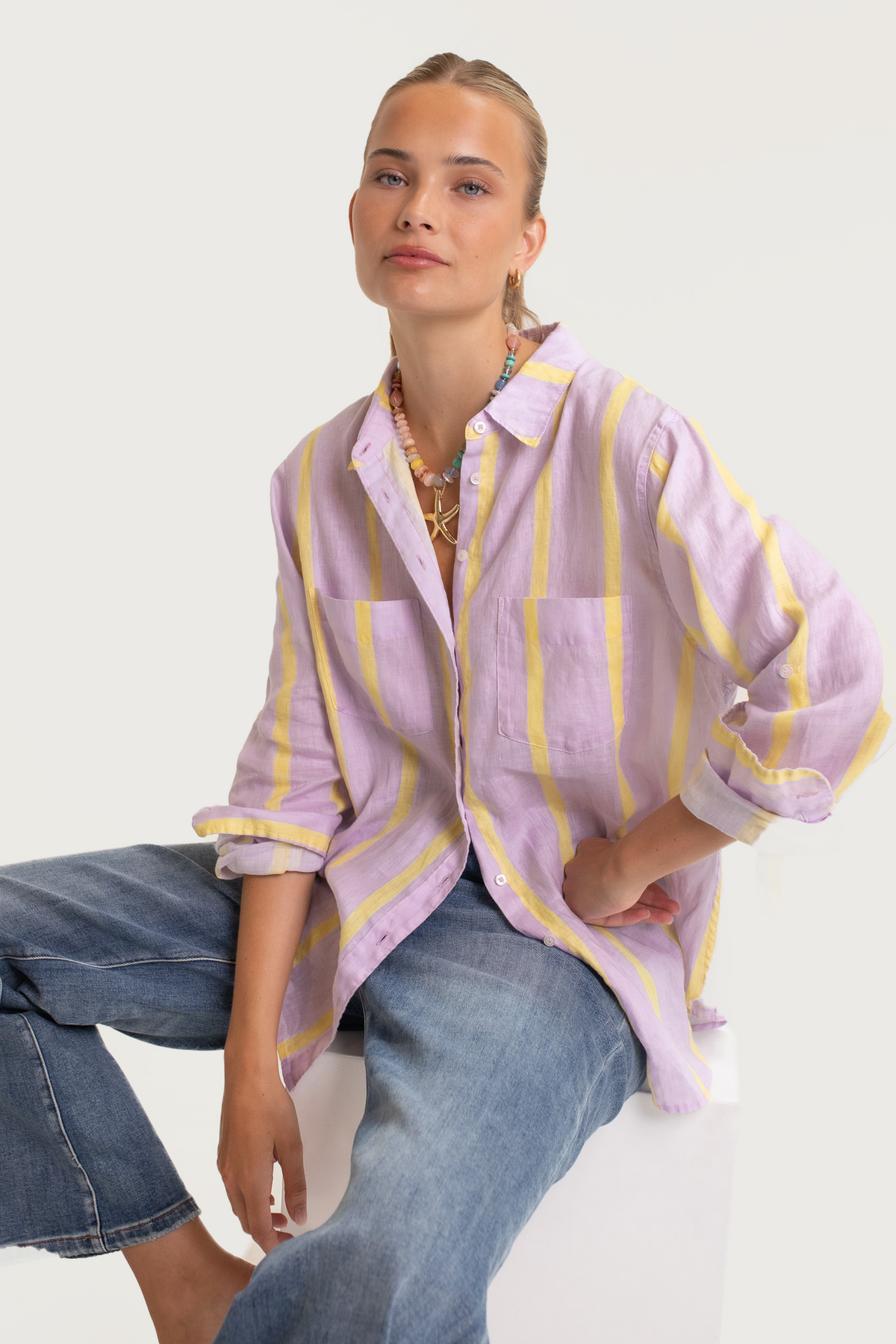The Boyfriend Linen Shirt - Sunshine Mauve Stripe