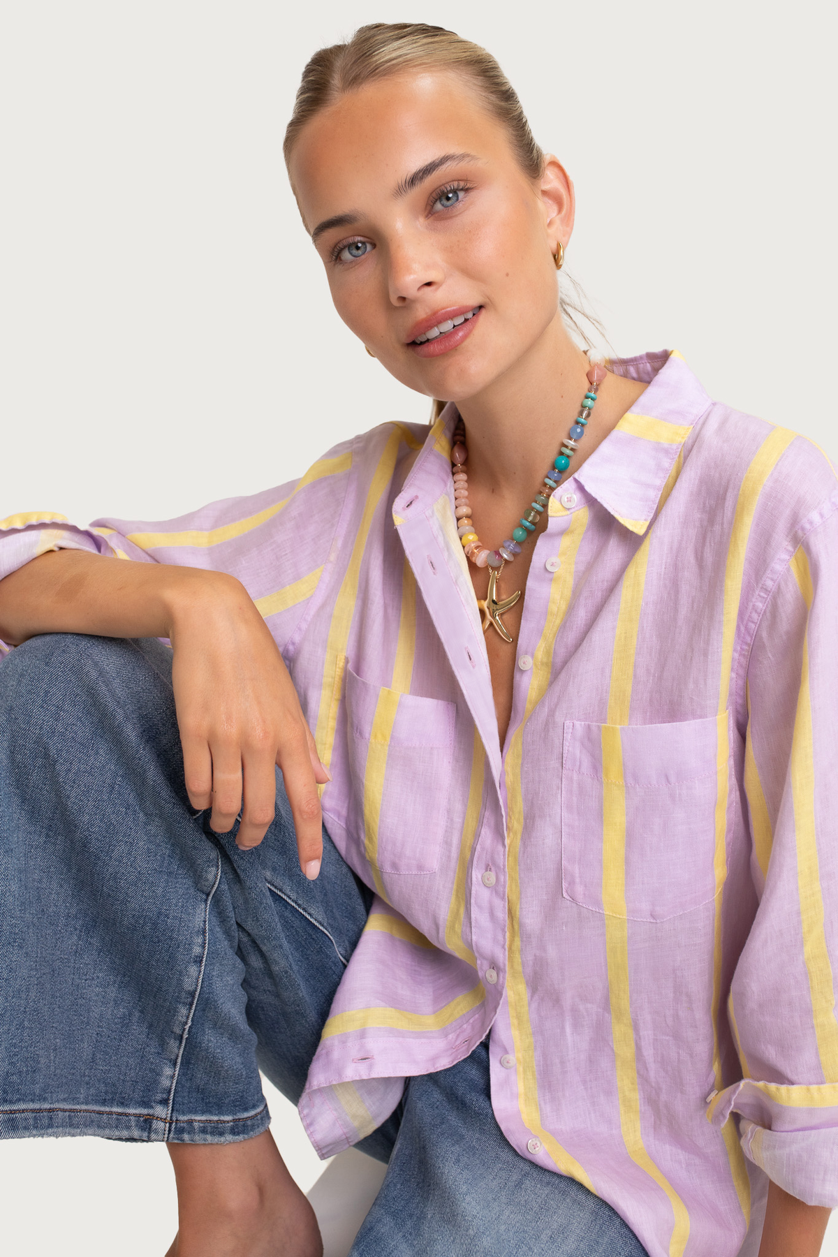 The Boyfriend Linen Shirt - Sunshine Mauve Stripe