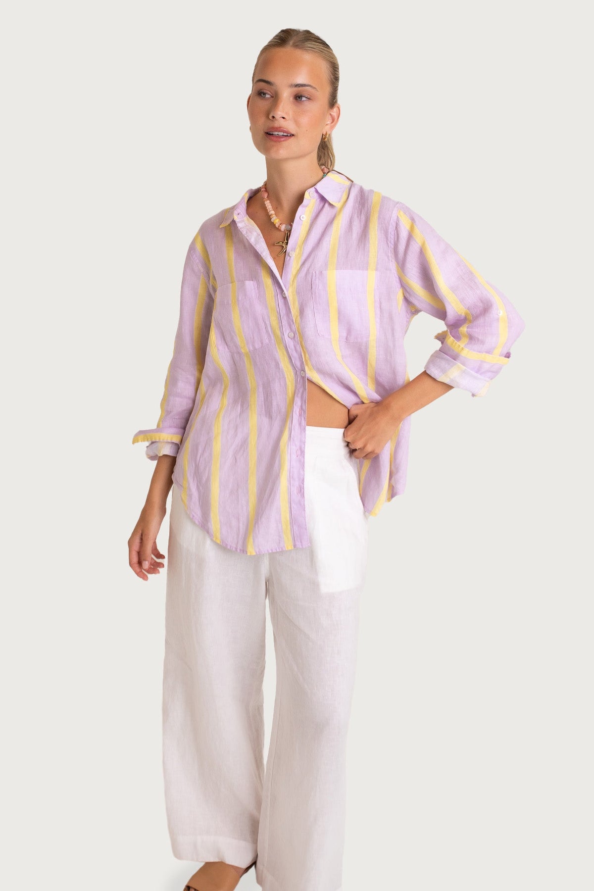 The Boyfriend Linen Shirt - Sunshine Mauve Stripe