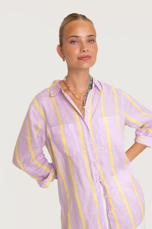 The Boyfriend Linen Shirt - Sunshine Mauve Stripe