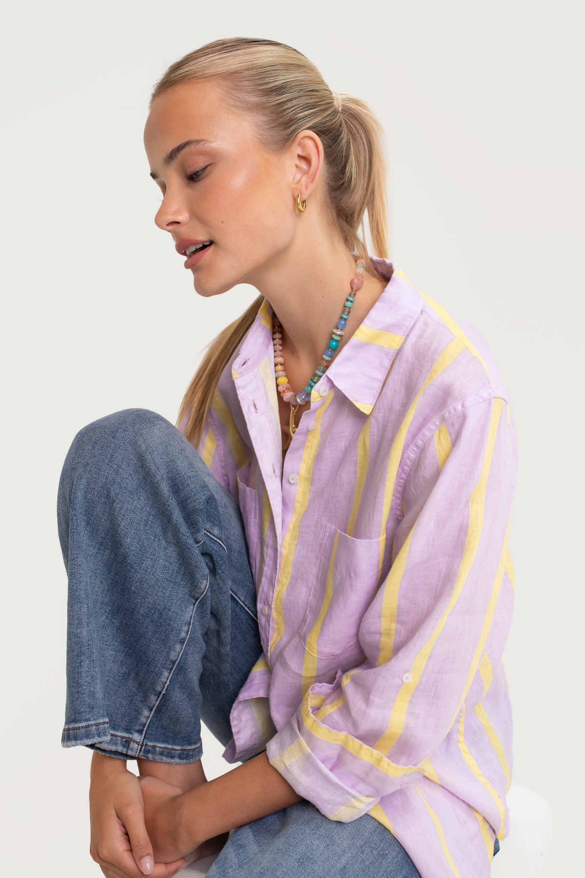 The Boyfriend Linen Shirt - Sunshine Mauve Stripe