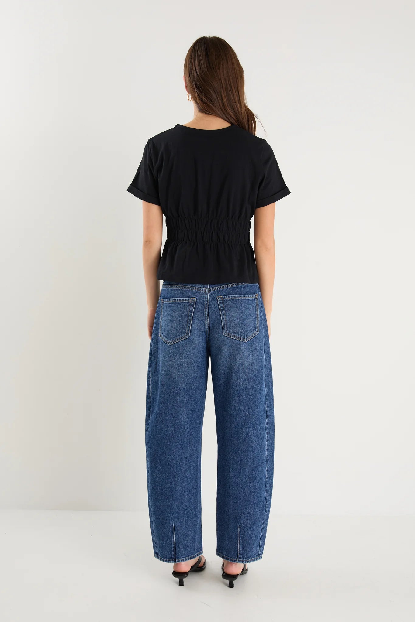 Svelte Black Shirred Detail Short Sleeve Tee