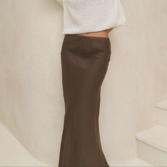 Bliss Dark Chocolate Linen Bias Midi Skirt