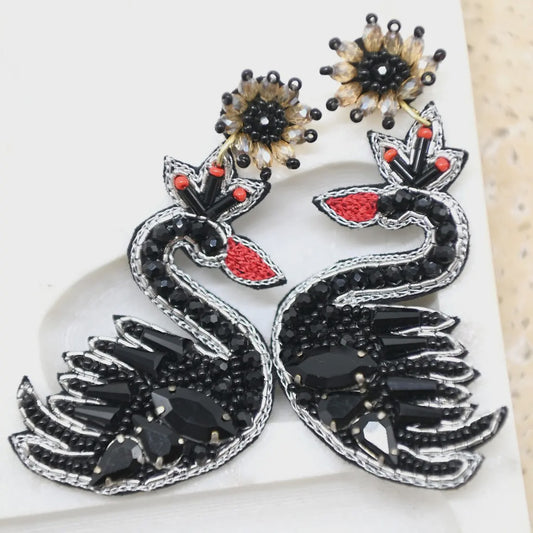 Beaded Black Swan Earrings